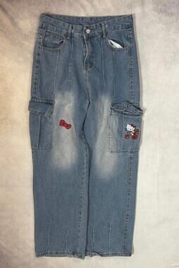 Sanrio Hello Kitty Embroidered High Rise Cargo Jeans Womens Small Wide Leg Y2K